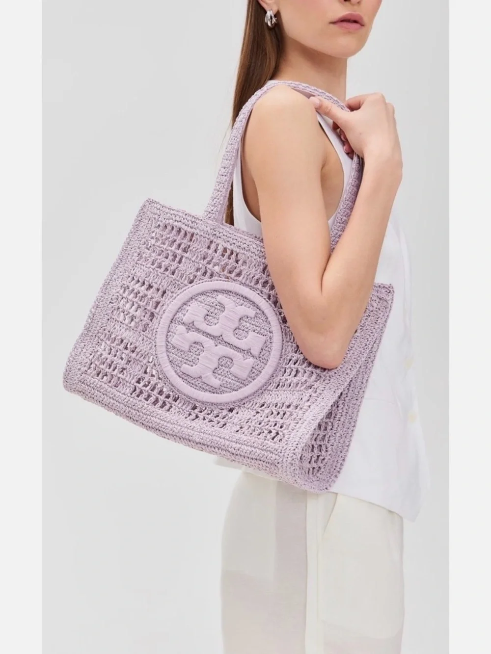 NWT , tory burch ELLA HAND-CROCHETED SMALL TOTE pale purple